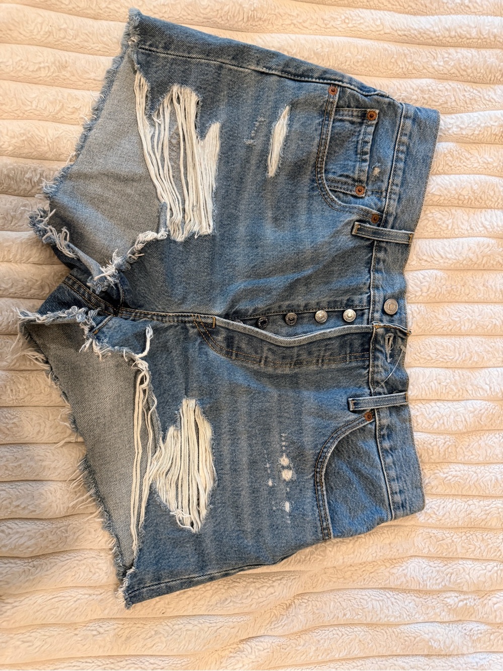 Levi's Medium Blue Distressed High-Waist Denim Shorts